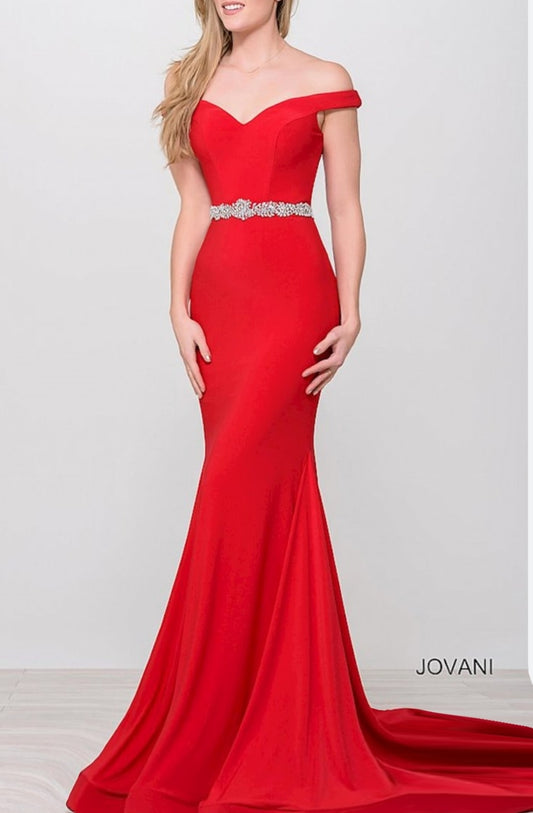 JOVANI RED stunning off shoulder with crystal band
